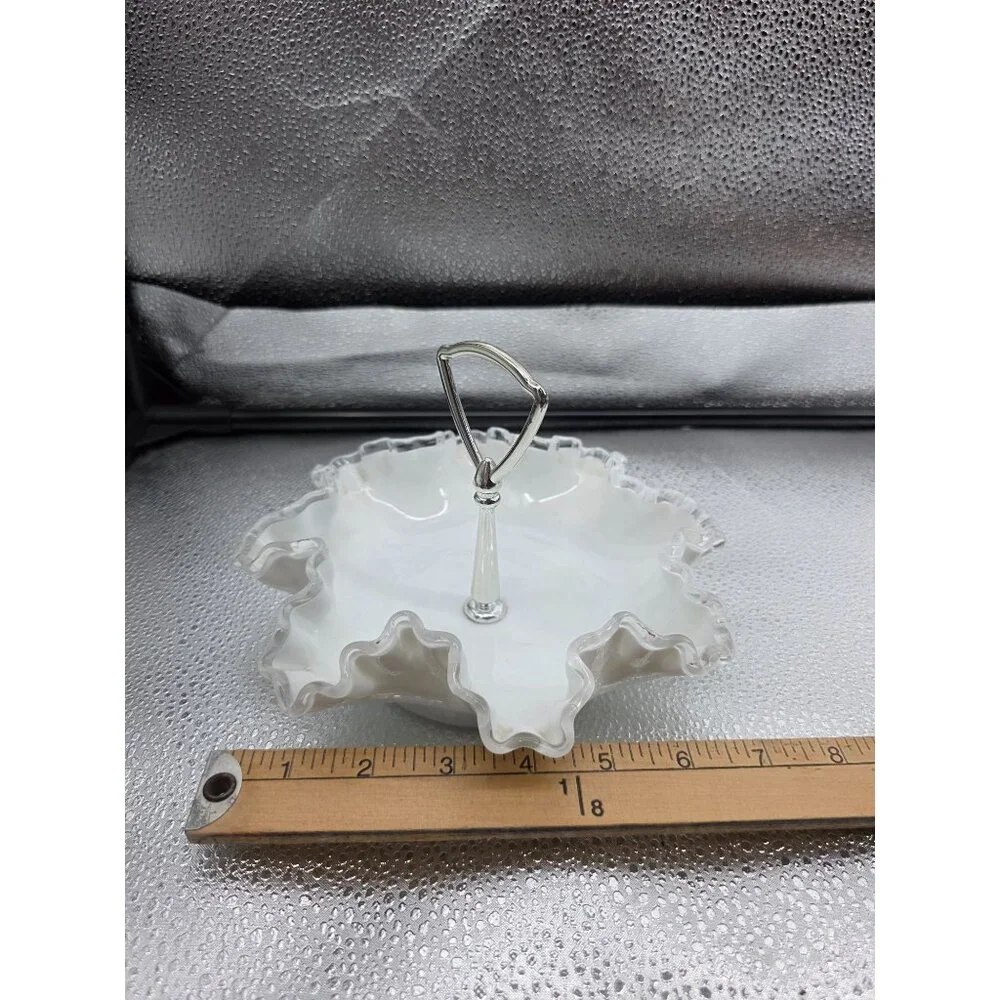 Vintage Fenton Milk Glass Silver Handle Ruffled Edge Candy Dish‎